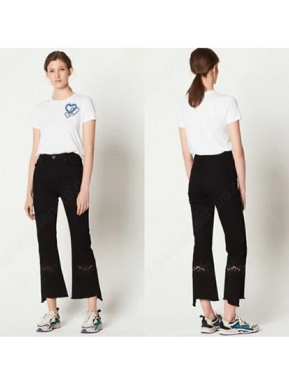 Sandro Paris Tori Flared Lace Inset High Rise Raw Hem Jeans Size 38   (M /6-8)